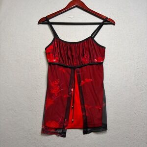 TRY Camisole Top Women Large Red Floral Butterfly Mesh Y2K Layered Babydoll 2063